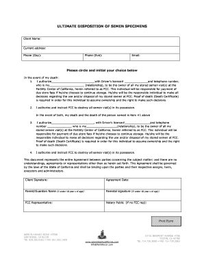 Fillable Online Ultimate Disposition Of Semen Specimens Print Form Fax