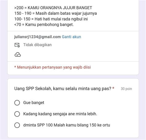 Link Tes Ujian Seberapa Jujur Kamu Docs Google Form Gratis DISINI