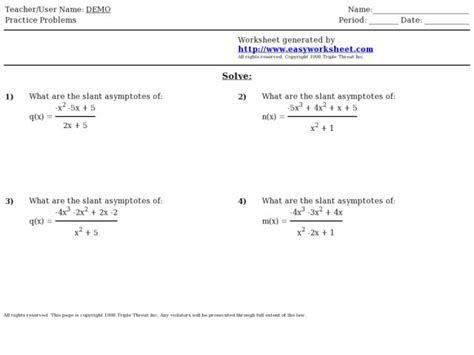 Four Slant Asymptotes Problems Worksheet For 11th Higher Ed Lesson Planet