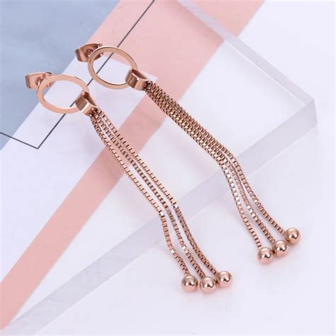 Rose Gold Color Long Tassel Drop Earrings For Women Box Chains Woman