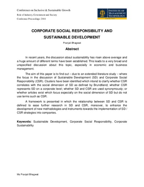 Pdf Conference On Inclusive And Sustainable Growth Corporate Social