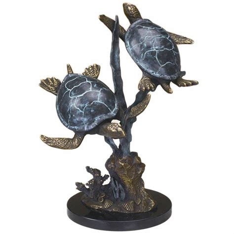 Sea Turtle Duet In Seagrass Brass Marble Sculpture Statue Coastal