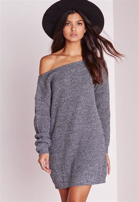 Missguided Ayvan Off Shoulder Knitted Sweater Dress Grey Marl