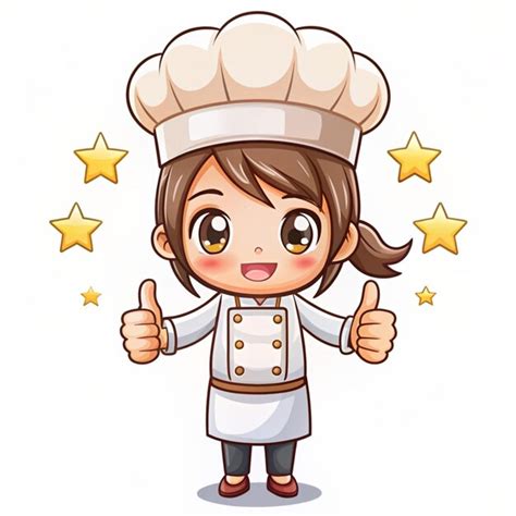 Cute And Kawaii Female Chef Or Baker With Thumbs Up And Five Stars In