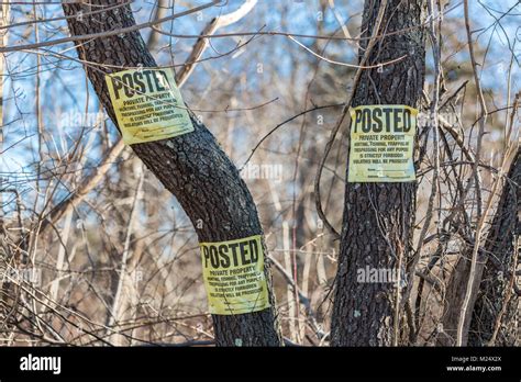 Three Signs In A Tree Posted Private Property Stock Photo Alamy