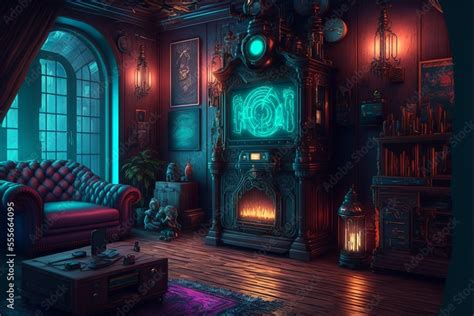 Futuristic Gothic mansion victorian living room interior with wooden ...