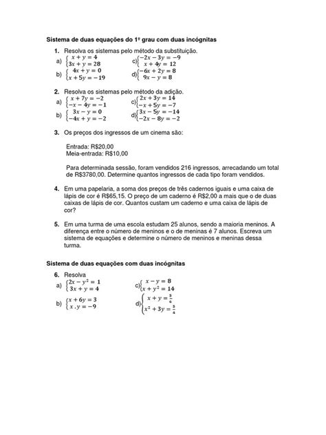 Exercícios Resolvidos De Equações E Sistemas Com Duas Incógnitas Em Pdf