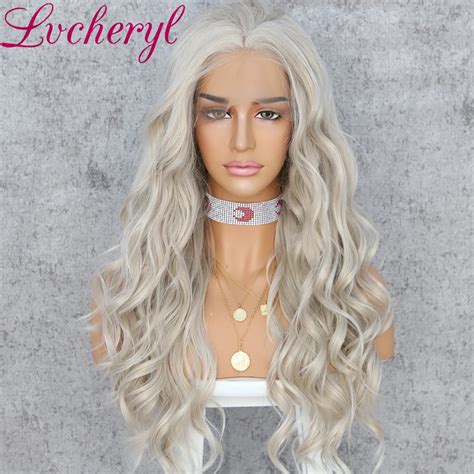 Lvcheryl Long Wavy Platinum Blonde Color Synthetic Lace Front Wigs Hand