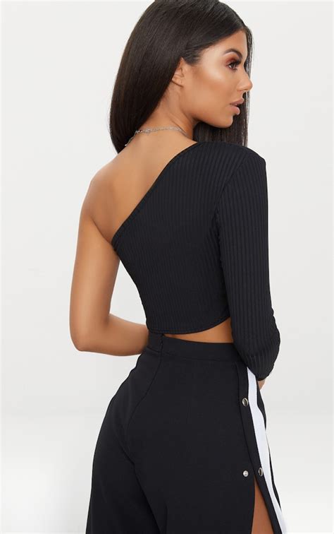 Black One Shoulder Rib Crop Top Tops Prettylittlething Usa