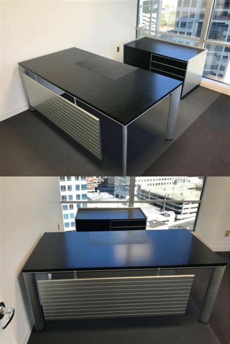 Black Desk with Drawers This black and metal desk works in modern or ...