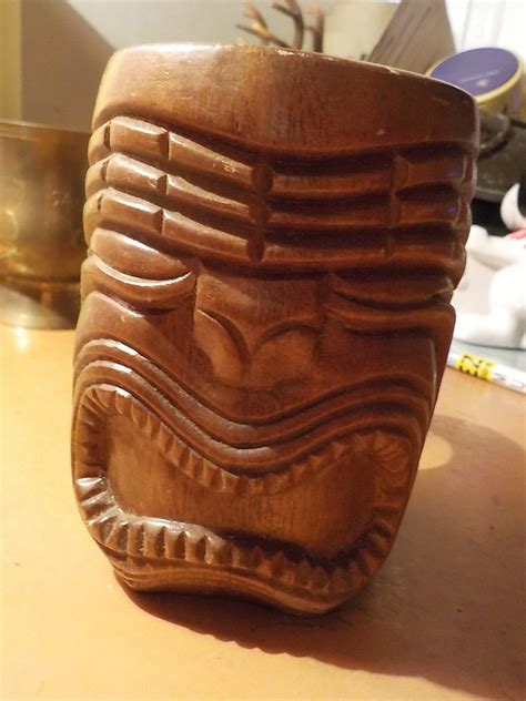 Vintage Wood Tiki Mug Treasure Island Florida Philippines 5 1 4 Inches