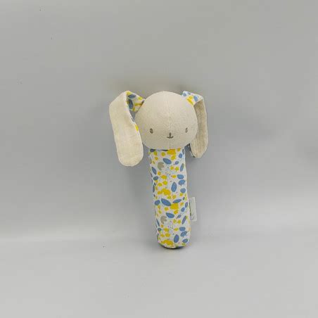 Doudou Baton Lapin Blanc Cru Bleu Jaune Tissu Klorane Botanique