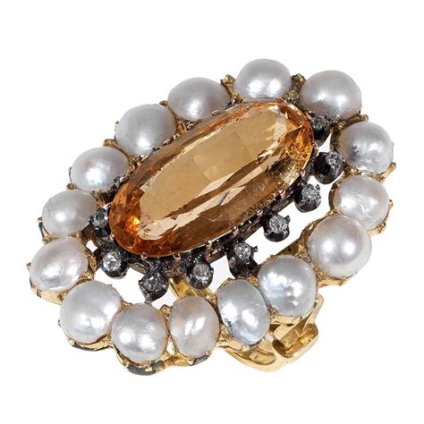 Antique Pearl Topaz Oval Faceted Diamond Gold Cluster Ring For Sale At