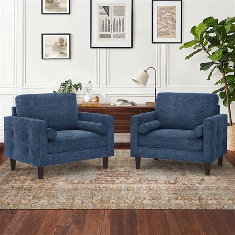 Lue Bona Loyo Blue Chenille Fabric Upholstered Accent Chair Solid Wood