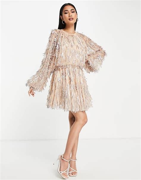 Asos Edition Blouson Sleeve Mini Dress With Teardrop Sequin In Blush Asos