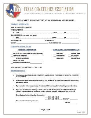 Fillable Online Txca Cemetery Crematory Membership Application Texas