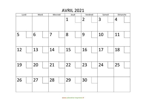 Calendrier Avril 2021 à Imprimer