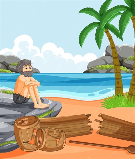 Premium Vector | A man on deserted island isolated