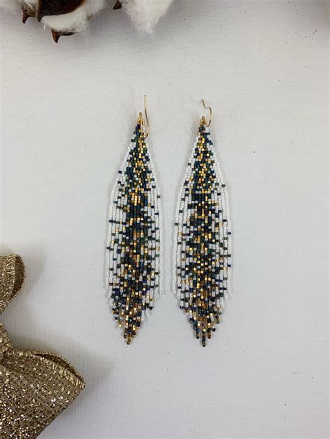 White Blue And Gold Galaxy Beaded Earrings Statement Boho Earrings