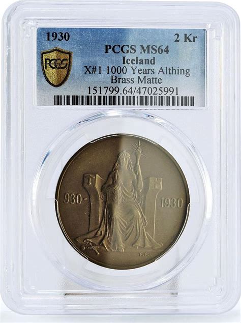 Iceland 2 Kronur 1000 Years Althing Female Figure Matte MS64 PCGS CuZn