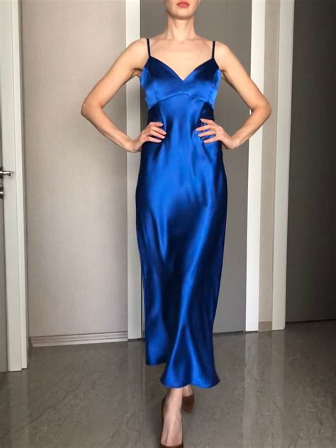 Royal Blue Maxi Silk Satin Dress Blue Extra Full Length Slip Etsy