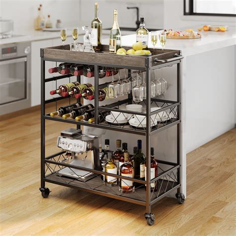 Asofer 3 Tier Home Bar Cart With Wine Rack And Glasses Holder Mobile Kitchen Storage On Wheels