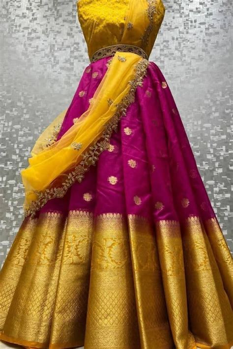 Yellow Kanchipuram Half Saree Lehenga Choli South Indian With Readymade Blouse