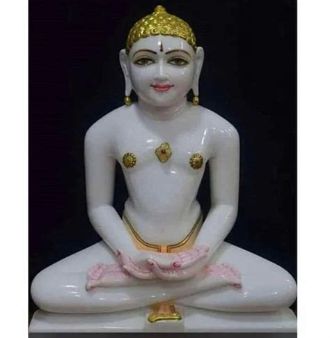 White and Golden Painted Marble Jain Mahavir Statue, For Temple, Size ...