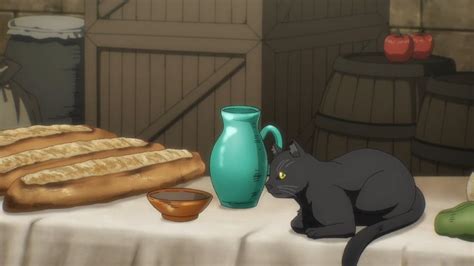 A Cat Is Sitting On A Table Next To Bread And A Vase With A Black Cat In It