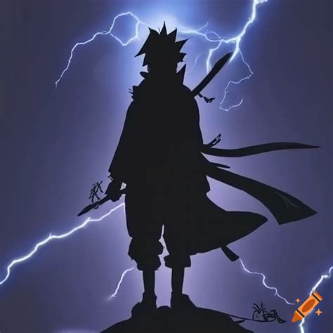 Silhouette Of Sasuke Uchiha With Sharingan Eyes In A Lightning Storm On