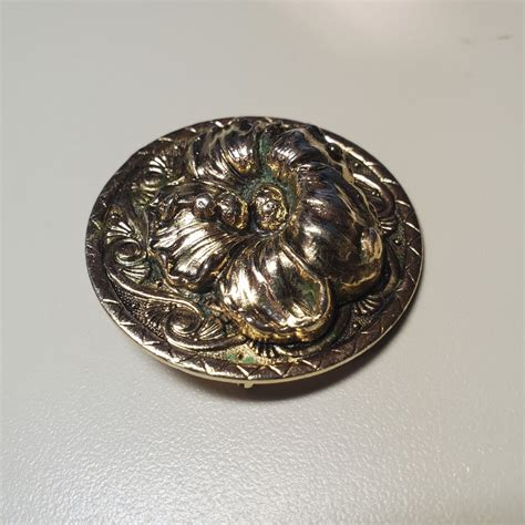 Vintage Brass Metal Art Nouveau Inspired Brooch Pin B Gem