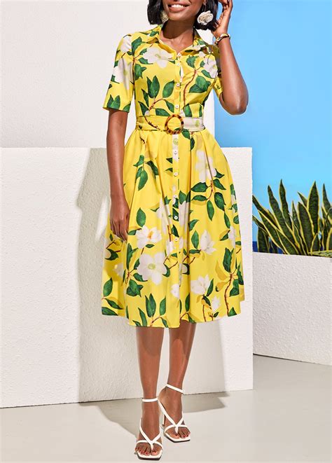 Yellow Floral Print Turndown Collar Dress Rosewe USD 39 60