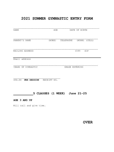 Fillable Online 2021 SUMMER GYMNASTIC ENTRY FORM Fax Email Print