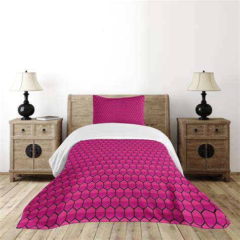 Ambesonne Hot Pink Bedspread Set Comb Pattern Hexagonal Hot Pink Black