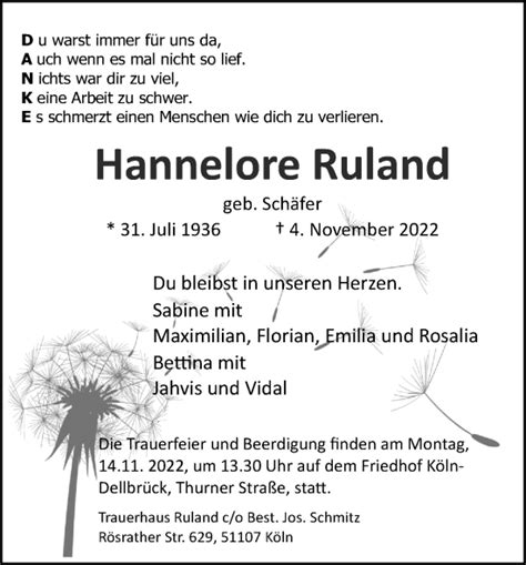 Traueranzeigen Von Hannelore Ruland Wirtrauern