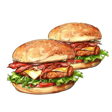 Drawing Two Cute Hamburgers With Salad Cheese Bacon Meat And Chicken