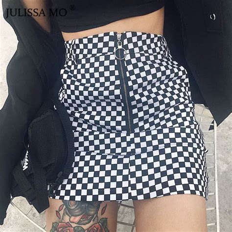 JULISSAMO Black Plaid Zipper Sexy Skirts Women High Waist Short Bodycon