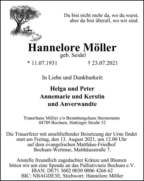 Traueranzeigen von Hannelore Möller Trauer in NRW de