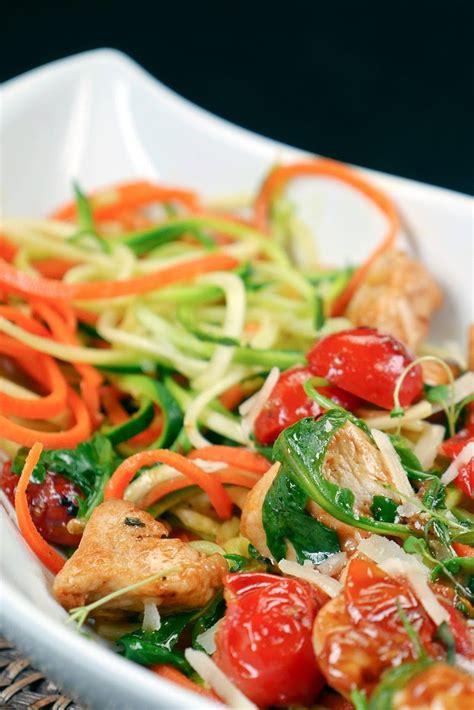 Leckere Low Carb Zoodles mit Hähnchen Tomaten und Rucola