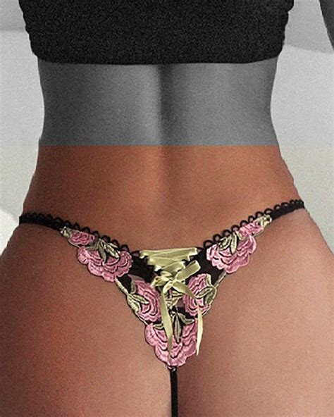 Floral Embroidery Low Waist Lace Up Thong Online Discover Hottest