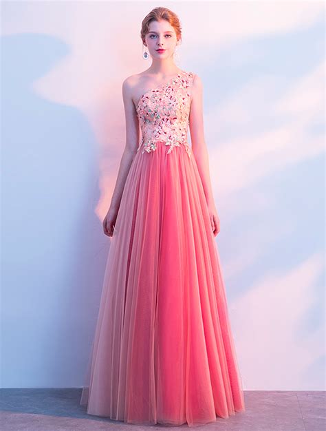 Fashion And Elegant Pink Tulle One Shoulder Prom Party Long Dress