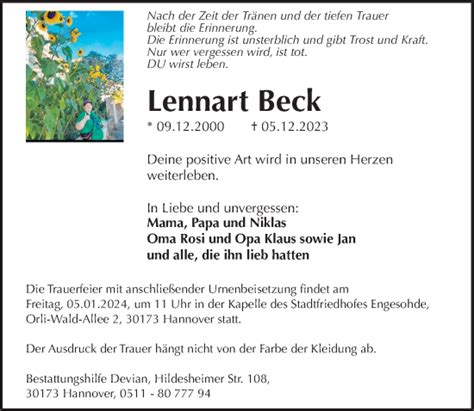 Traueranzeigen Von Lennart Beck Trauer Anzeigen De