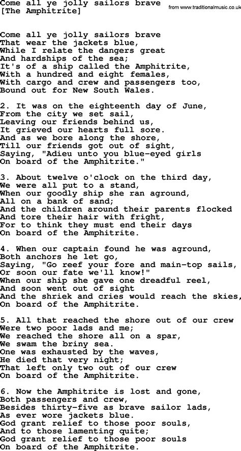 Old English Song Lyrics For Come All Ye Jolly Sailors Brave With Pdf