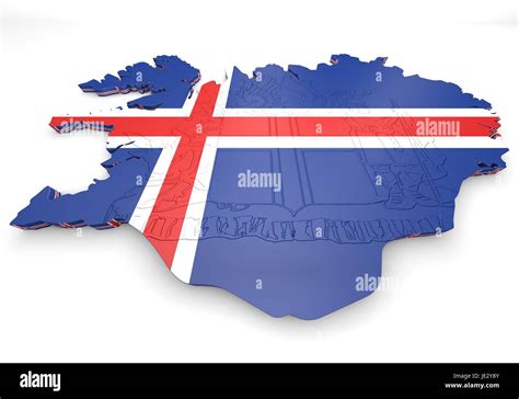 Mapa 3D ilustración de Islandia con bandera y escudo Fotografía de