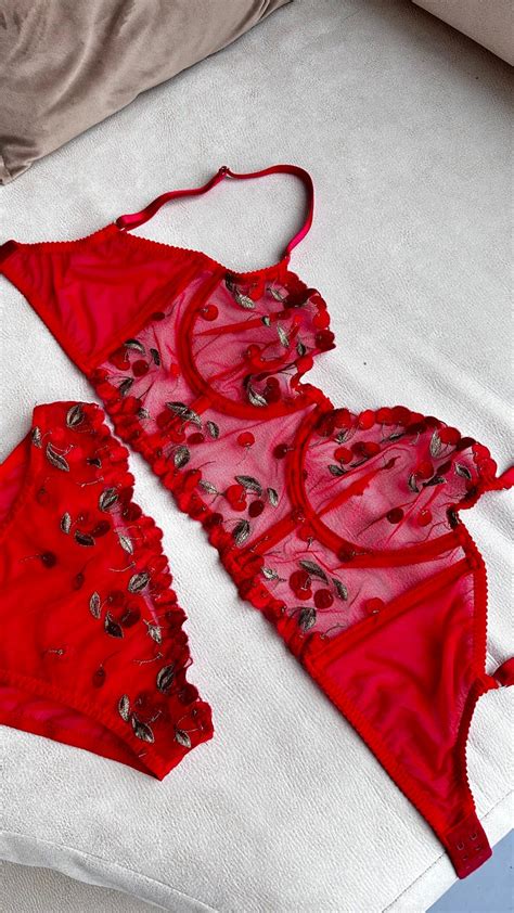 Cherry Crush Red Lace Lingerie Set With Mesh And Corset Bra Etsy