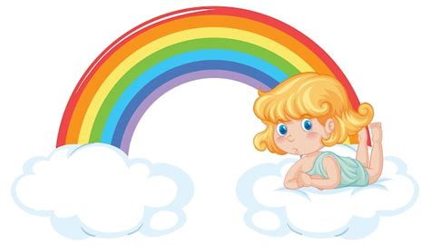 Niña ángel acostada en una nube con arco iris Vector Gratis