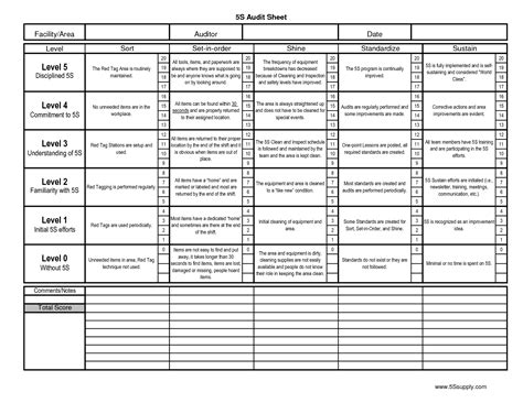 5S Audit Checklist For Office