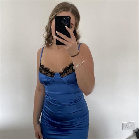 stunning satin electric blue dress with lace detail... - Depop