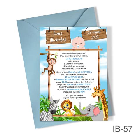 Invitatii Botez Cu Plic Colorat Jungla Safari Ib Marturii