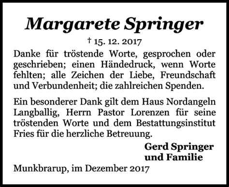 Traueranzeigen Von Margarete Springer Sh Z Trauer